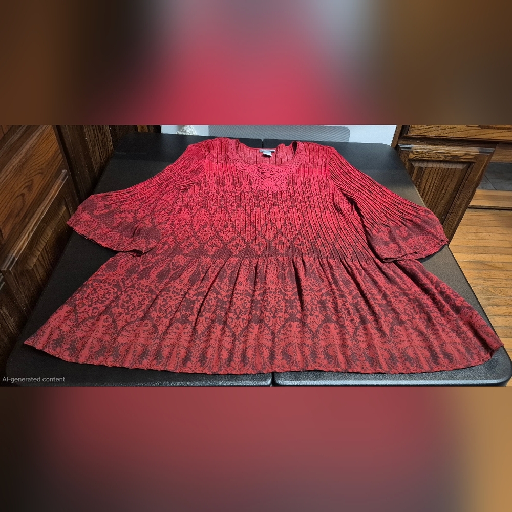 Maggie Barnes for Catherines 2X 22/24W Red Damask Pleated Lace Neck Tunic Boho